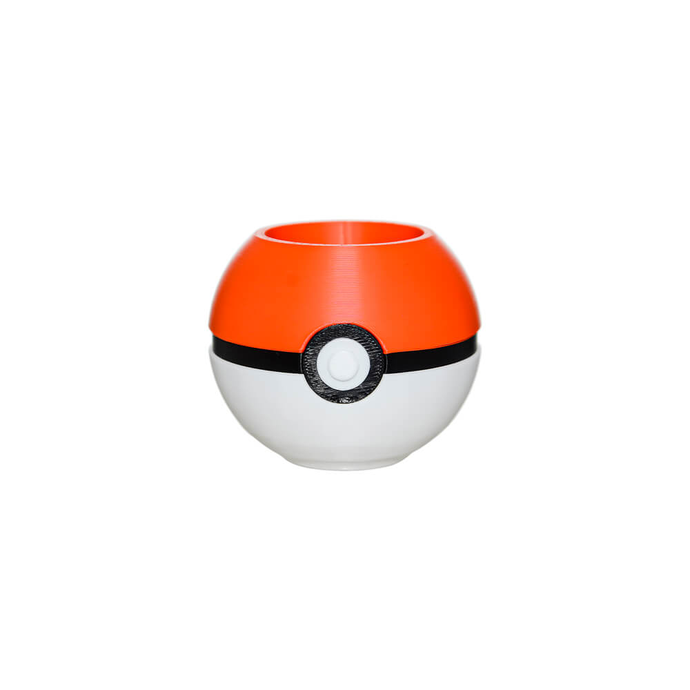 Calibear Magic Ball Proxy Stand (Red & White), front view showing spherical storage holder with black center band, circular button detail and open top
