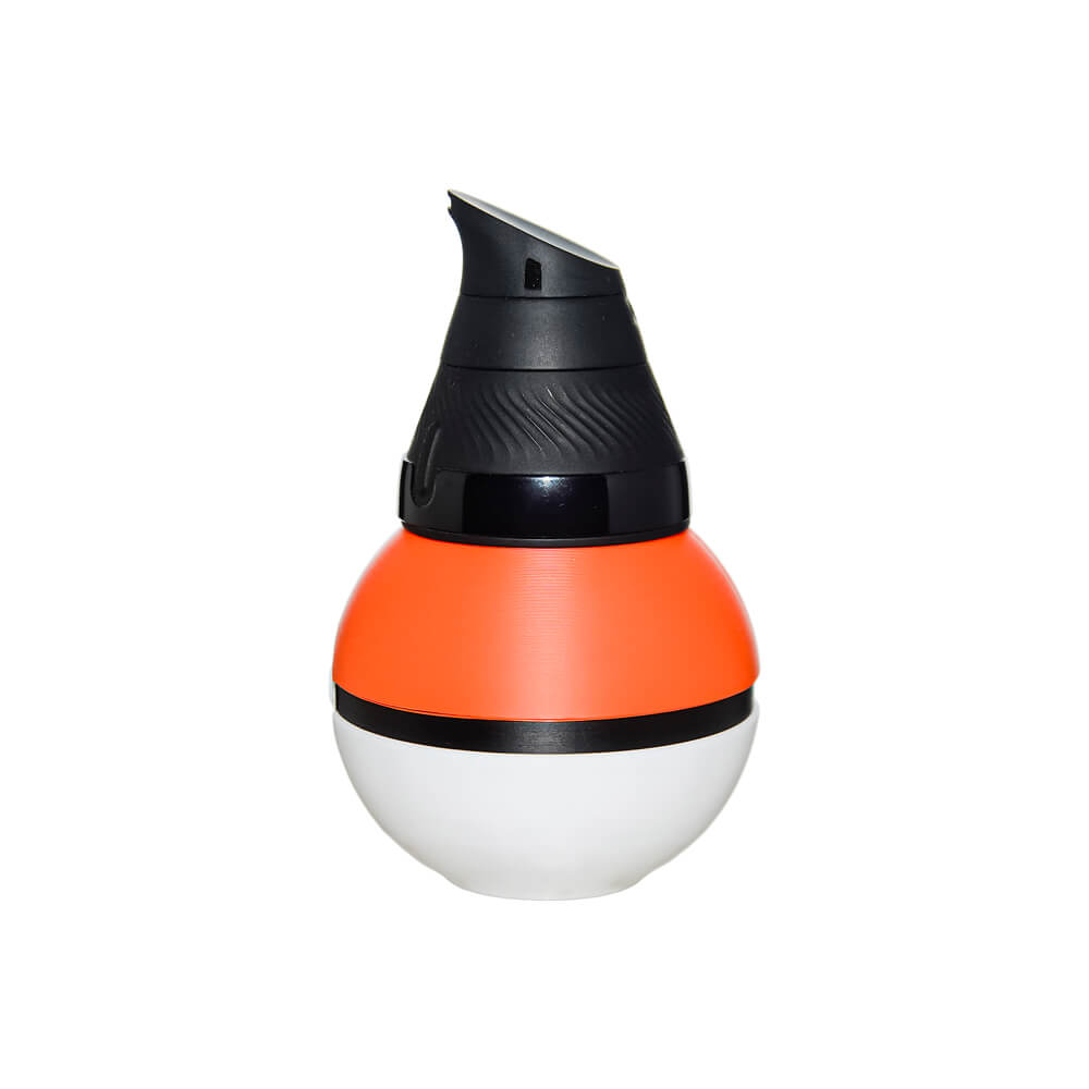 Calibear Magic Ball Proxy Stand (Red & White), rear angled view with Puffco Proxy Core installed, highlighting the ball-shaped holder and black center band