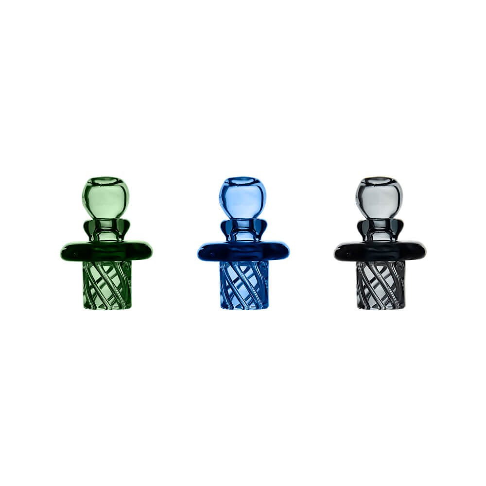 Calibear Multi-Fit Terp Spinner Cap for Puffco, Carta and Switch Go, available in Green, Blue-D and Black with spiral glass airflow bases.