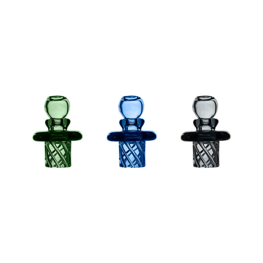 Calibear Multi-Fit Terp Spinner Cap for Puffco, Carta and Switch Go, available in Green, Blue-D and Black with spiral glass airflow bases.