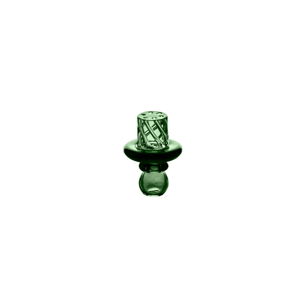 Bottom view of Green Calibear Multi-Fit Terp Spinner Cap showing the intricate spiral glass channels and airflow openings.