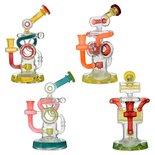 Four different multi-colored Calibear Multi-Loop Recycler Dab Rigs featuring intricate heady glass linework, external loop recycle tubes, colored intake joints, and matching flared bases in custom green, orange, pink, and yellow color variations.