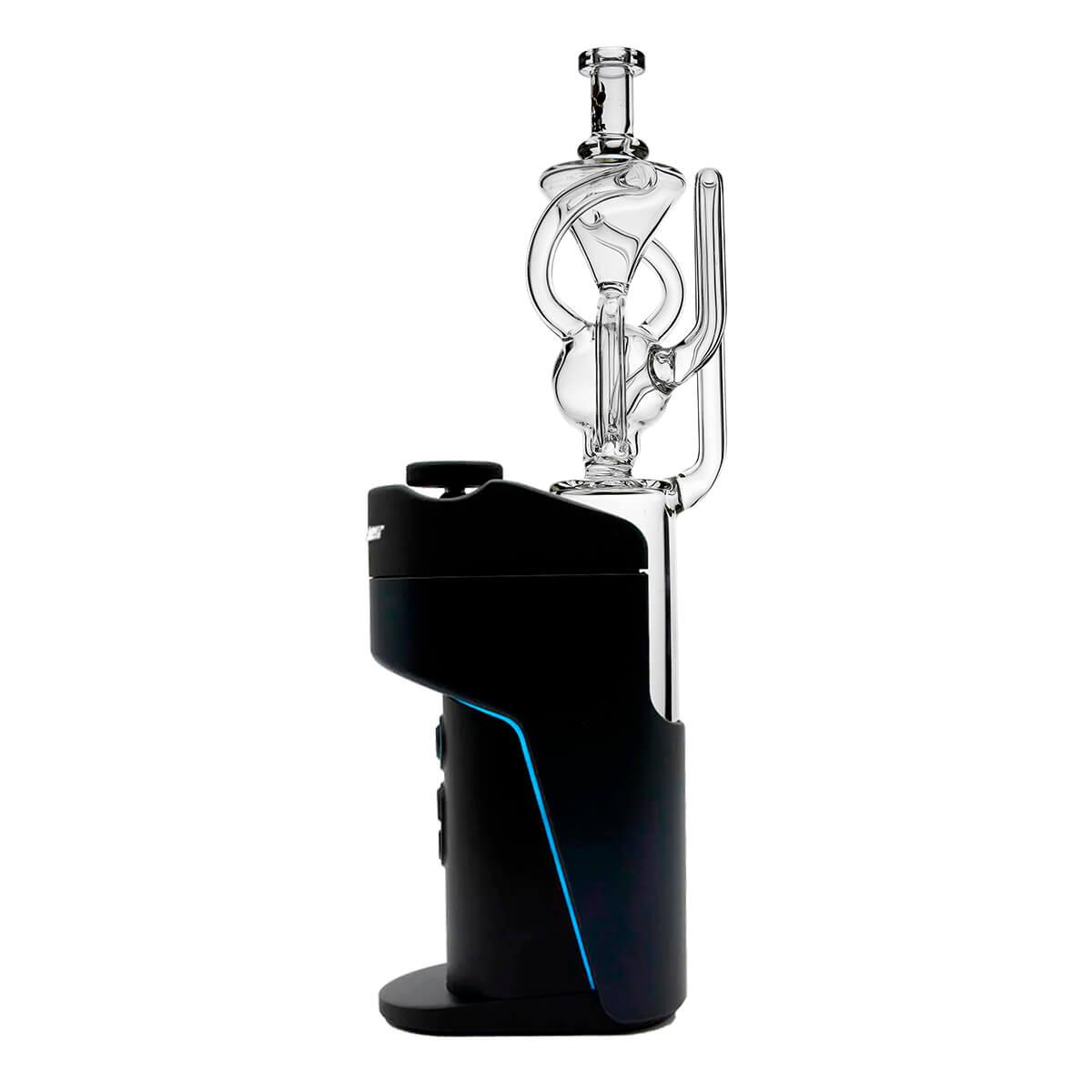 Calibear Orb Recycler Glass Attachment (Clear) installed on Dr. Dabber Switch Go, side view featuring upper funnel chamber, curved return tubes and orb-shaped water filtration design