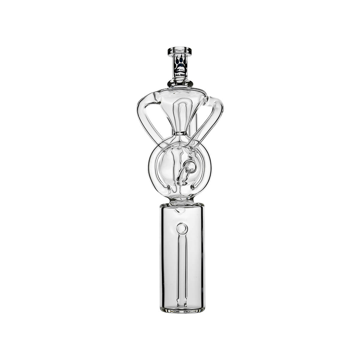 Calibear Orb Recycler Glass Attachment (Clear) for Dr. Dabber Switch Go, standalone front view showing spherical recycler chamber and symmetrical glass circulation tubes