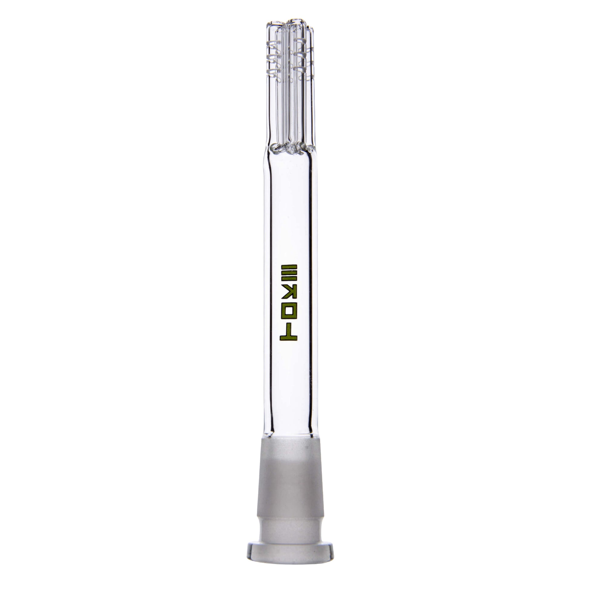 Calibear Premium 4-Arm Tree Perc Glass Downstem showing the precision diffusion slots on the tree percolator arms and a frosted joint against a solid white background, available in various color options.