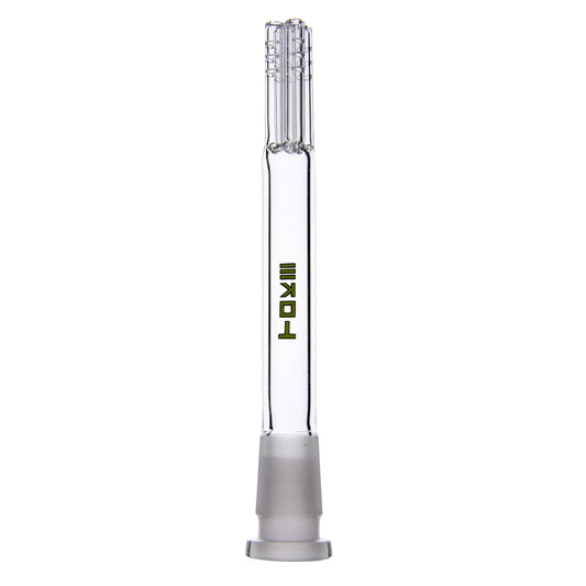 Calibear Premium 4-Arm Tree Perc Glass Downstem showing the precision diffusion slots on the tree percolator arms and a frosted joint against a solid white background, available in various color options.