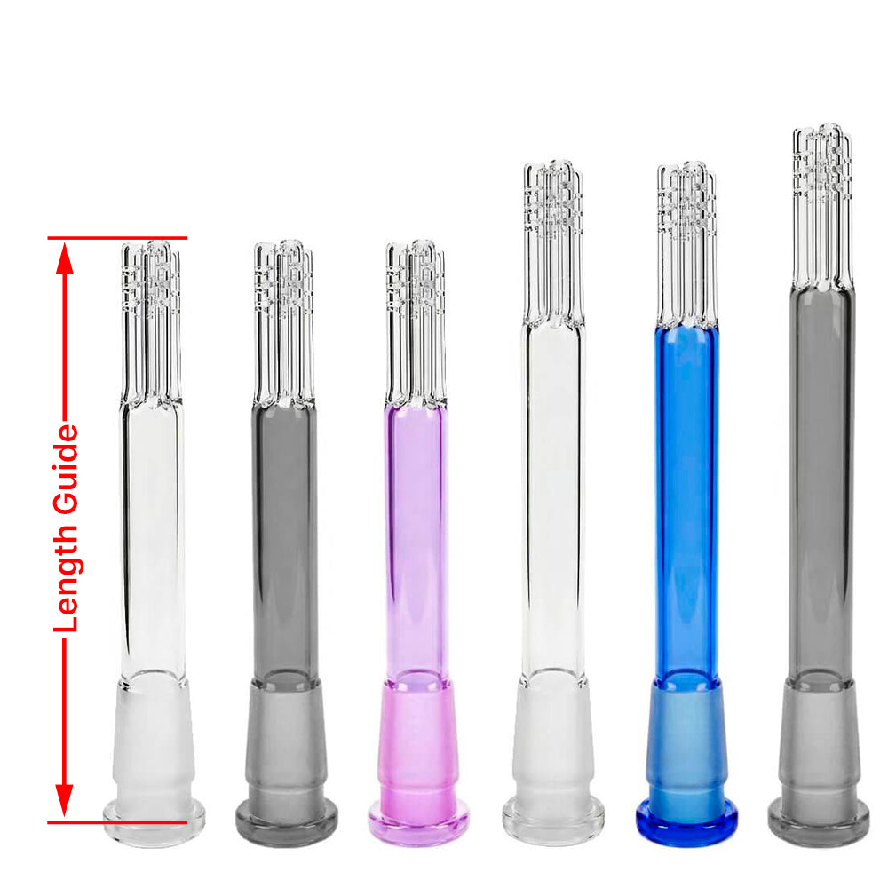 Calibear Premium 4-Arm Tree Perc Glass Downstem showing the precision diffusion slots on the tree percolator arms and a frosted joint against a solid white background, available in various color options.