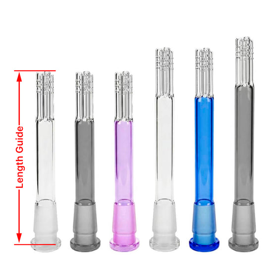 Calibear Premium 4-Arm Tree Perc Glass Downstem showing the precision diffusion slots on the tree percolator arms and a frosted joint against a solid white background, available in various color options.