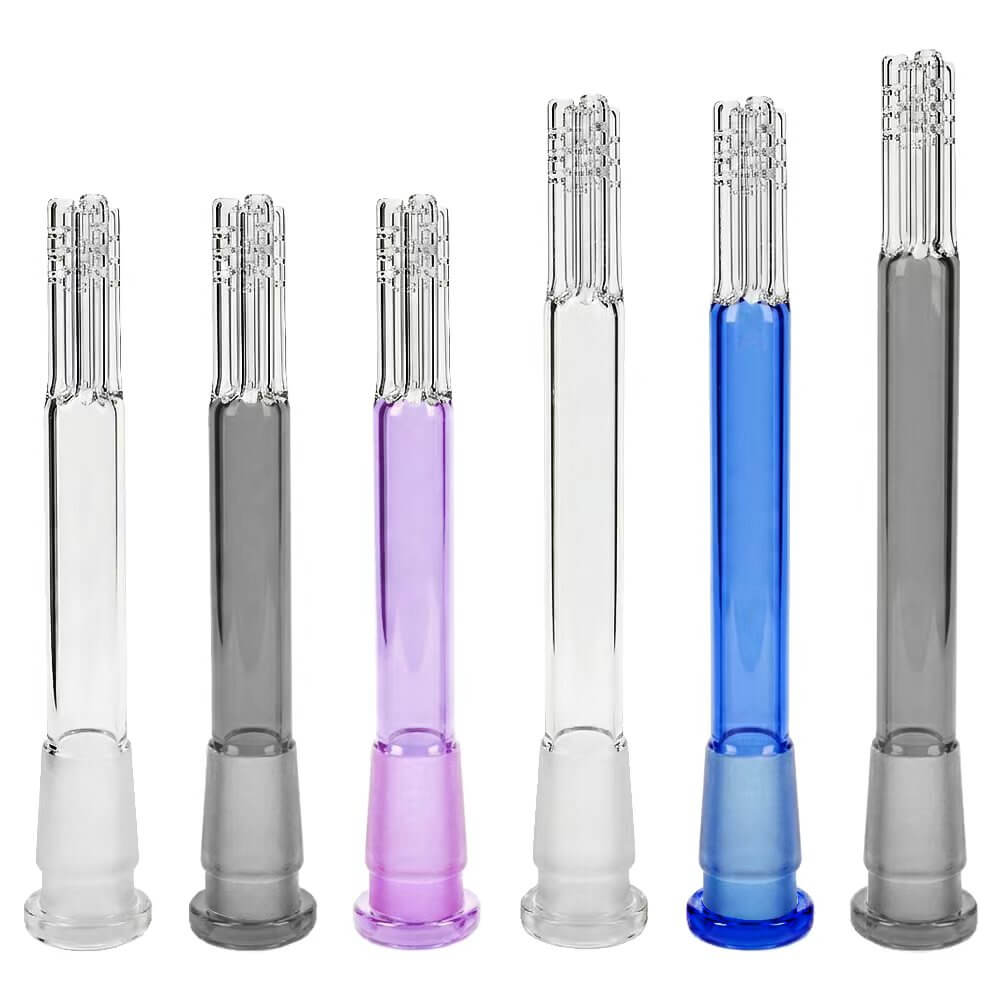 Calibear Premium 4-Arm Tree Perc Glass Downstem showing the precision diffusion slots on the tree percolator arms and a frosted joint against a solid white background, available in various color options.