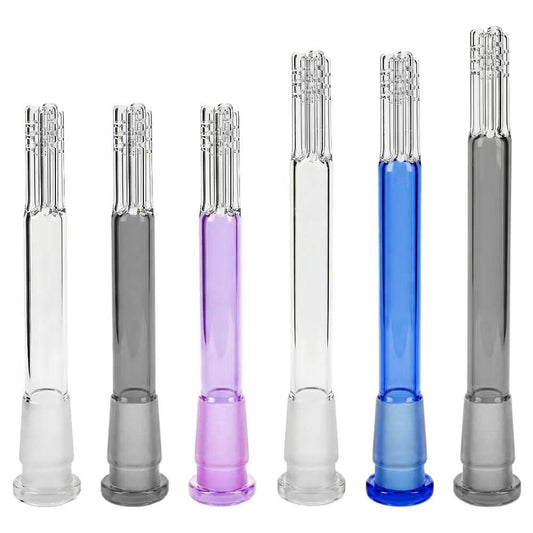 Calibear Premium 4-Arm Tree Perc Glass Downstem showing the precision diffusion slots on the tree percolator arms and a frosted joint against a solid white background, available in various color options.