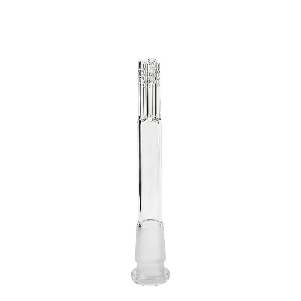 Calibear Premium 4-Arm Tree Perc Glass Downstem showing the precision diffusion slots on the tree percolator arms and a frosted joint against a solid white background, available in various color options.