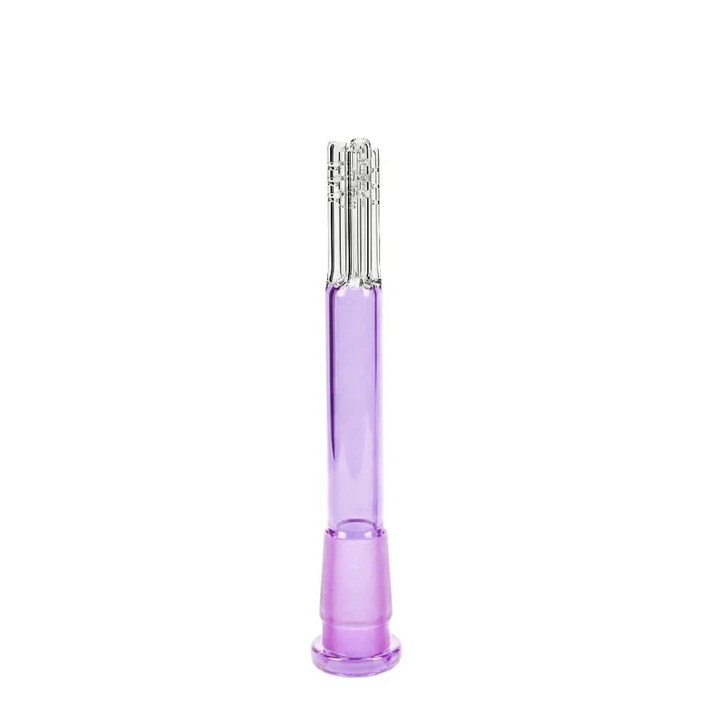 Calibear Premium 4-Arm Tree Perc Glass Downstem showing the precision diffusion slots on the tree percolator arms and a frosted joint against a solid white background, available in various color options.