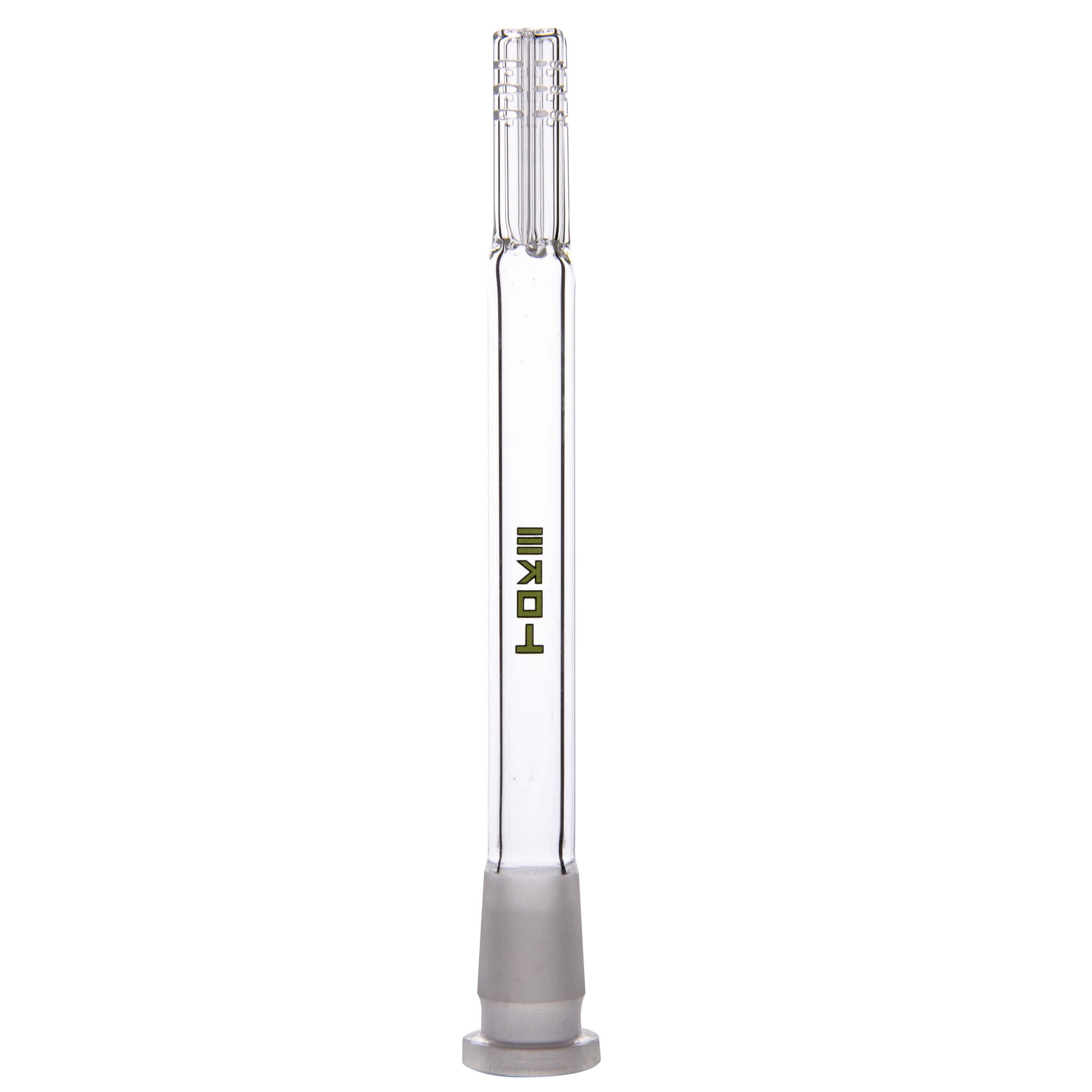 Calibear Premium 4-Arm Tree Perc Glass Downstem showing the precision diffusion slots on the tree percolator arms and a frosted joint against a solid white background, available in various color options.