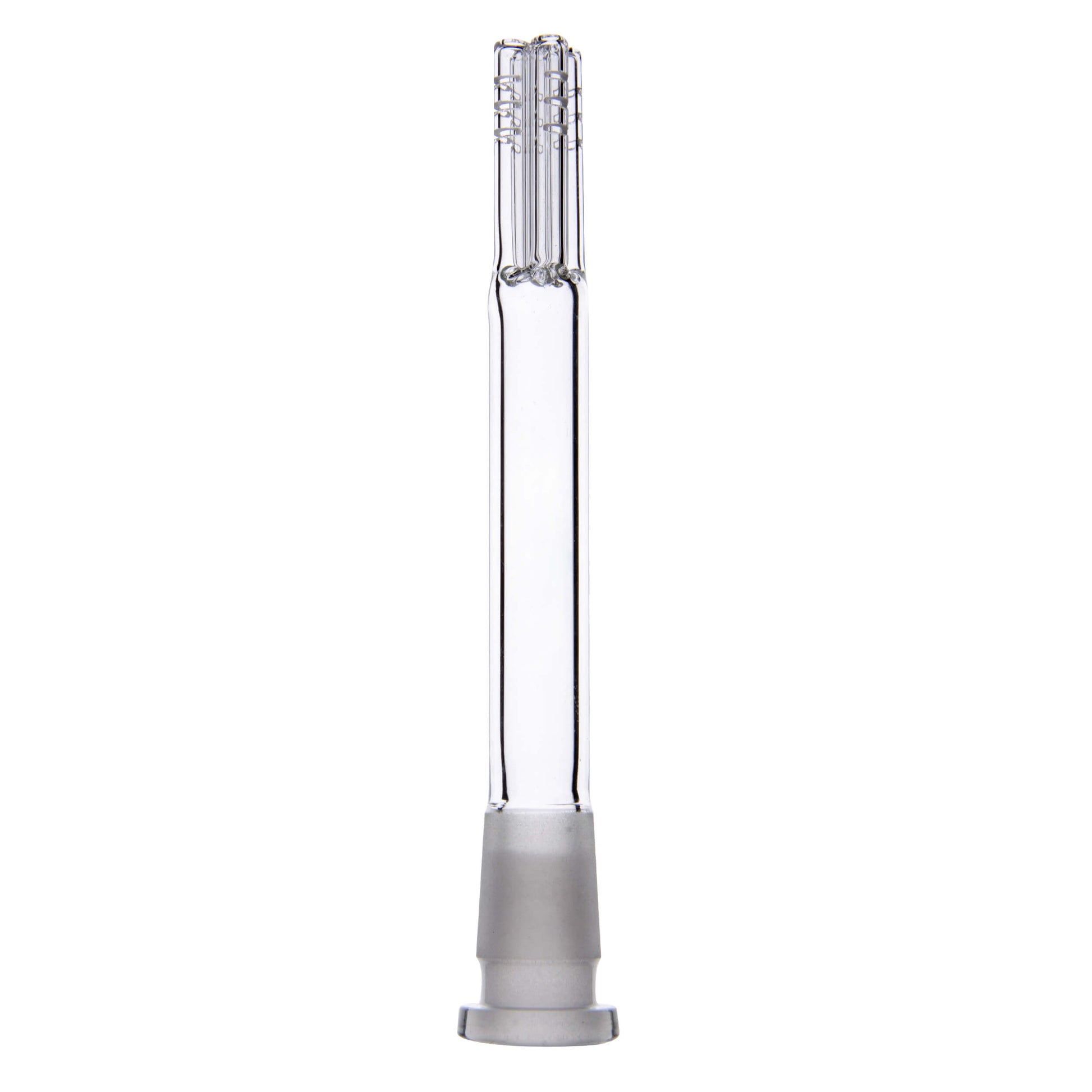 Calibear Premium 4-Arm Tree Perc Glass Downstem showing the precision diffusion slots on the tree percolator arms and a frosted joint against a solid white background, available in various color options.