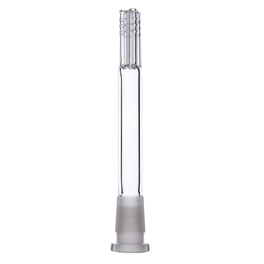 Calibear Premium 4-Arm Tree Perc Glass Downstem showing the precision diffusion slots on the tree percolator arms and a frosted joint against a solid white background, available in various color options.