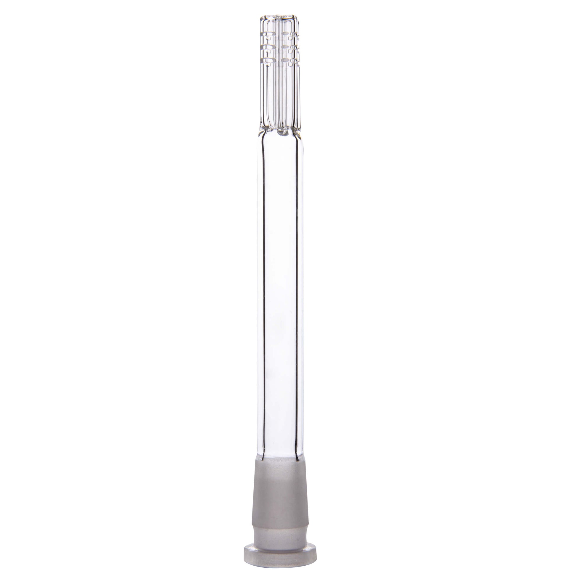 Calibear Premium 4-Arm Tree Perc Glass Downstem showing the precision diffusion slots on the tree percolator arms and a frosted joint against a solid white background, available in various color options.