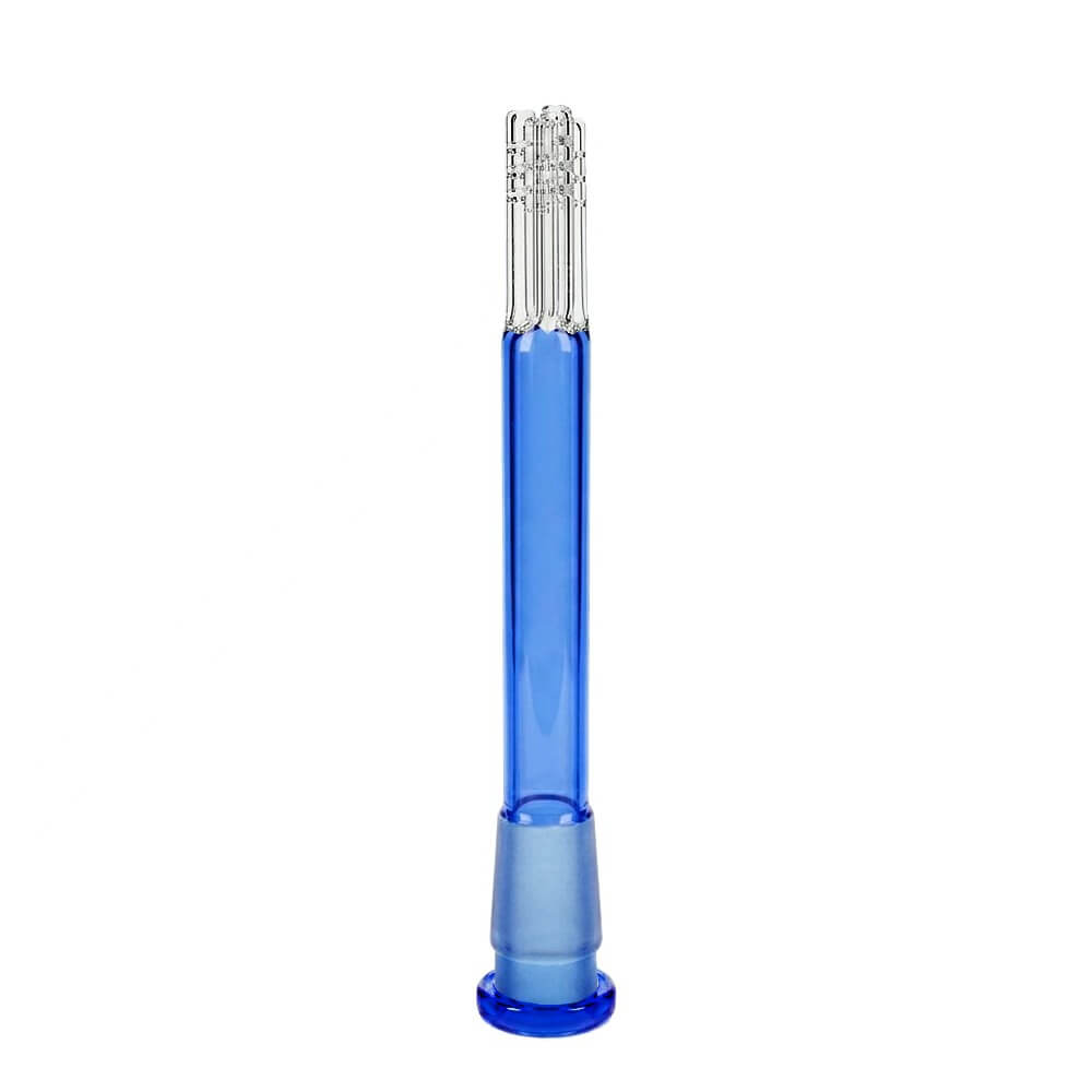 Calibear Premium 4-Arm Tree Perc Glass Downstem showing the precision diffusion slots on the tree percolator arms and a frosted joint against a solid white background, available in various color options.