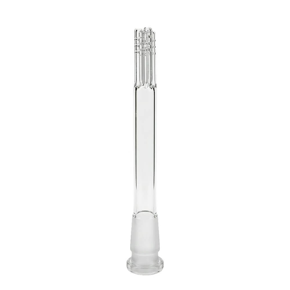 Calibear Premium 4-Arm Tree Perc Glass Downstem showing the precision diffusion slots on the tree percolator arms and a frosted joint against a solid white background, available in various color options.