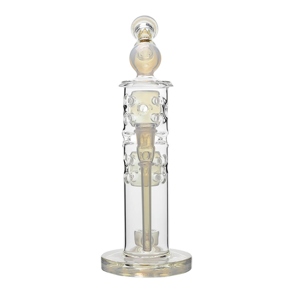 Calibear sidecar straight fab glass bong with yellow accents and Flower of Life perc, 14.5mm joint