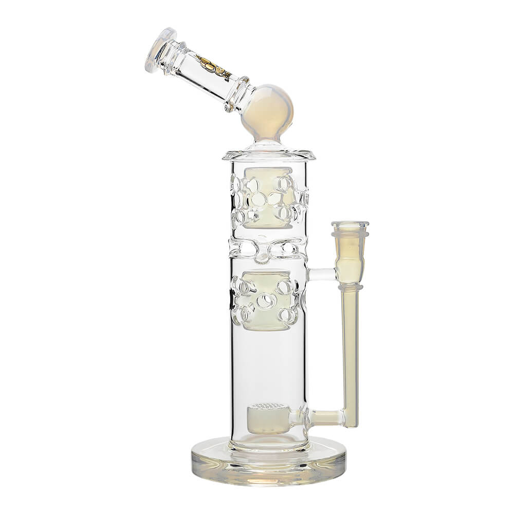 Calibear sidecar straight fab glass bong with yellow accents and Flower of Life perc, 14.5mm joint
