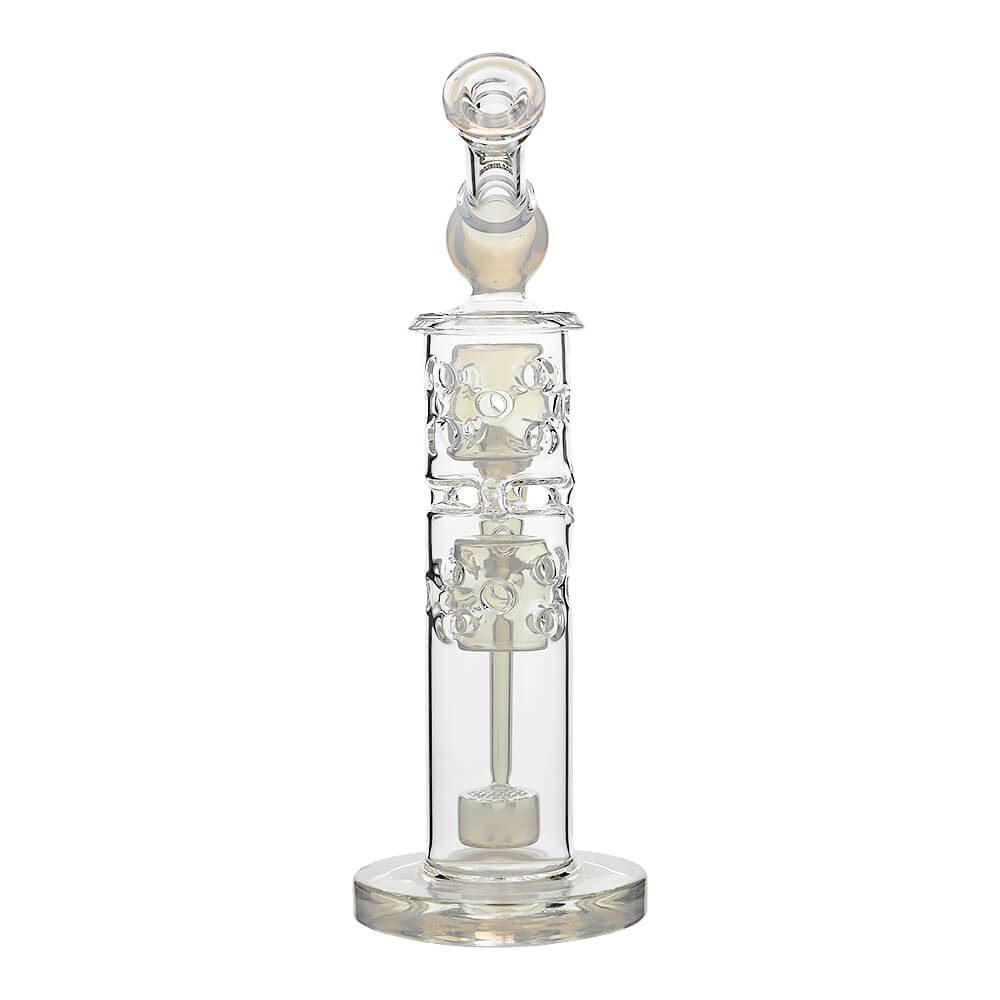 Calibear sidecar straight fab glass bong with yellow accents and Flower of Life perc, 14.5mm joint