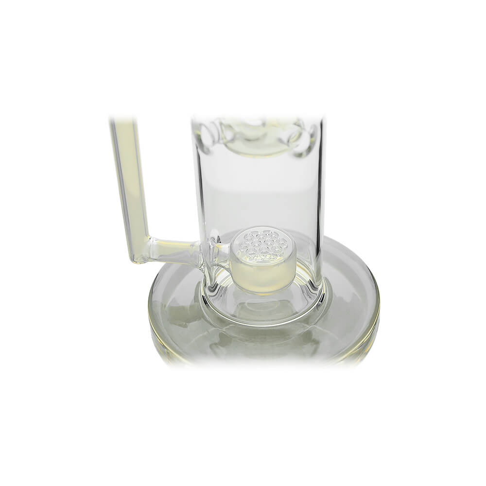 Calibear sidecar straight fab glass bong with yellow accents and Flower of Life perc, 14.5mm joint