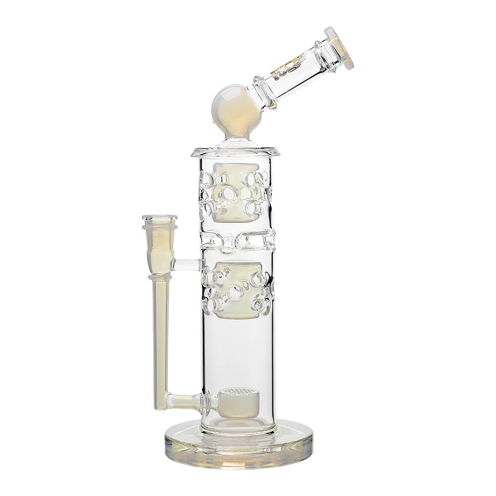 Calibear sidecar straight fab glass bong with yellow accents and Flower of Life perc, 14.5mm joint
