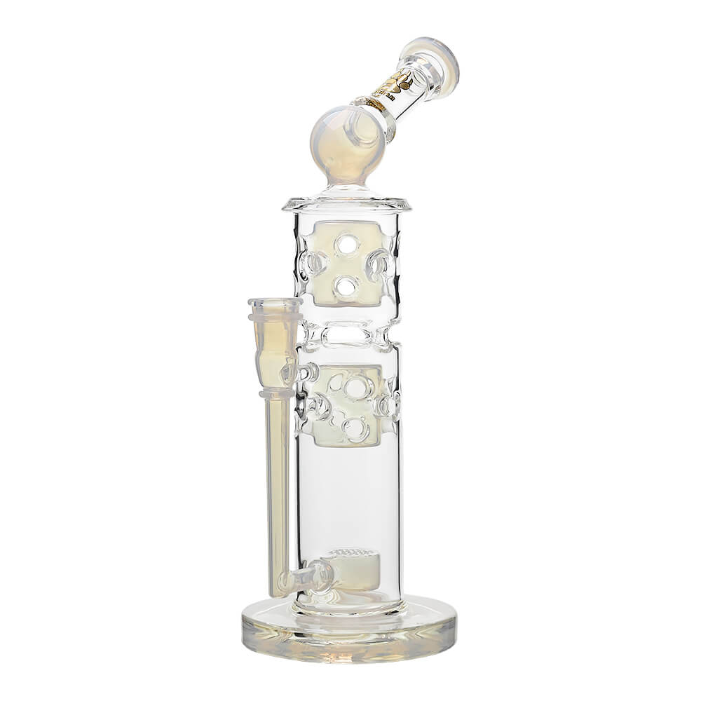 Calibear sidecar straight fab glass bong with yellow accents and Flower of Life perc, 14.5mm joint