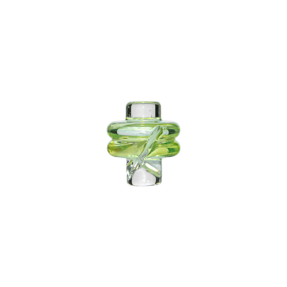 Calibear Premium Spinner Carb Cap (Lime Candy) for Dr. Dabber Switch 2, Puffco Peak, Focus V Carta and 20mm & 25mm OD Quartz Bangers, featuring double-ring glass design and spiral airflow detail