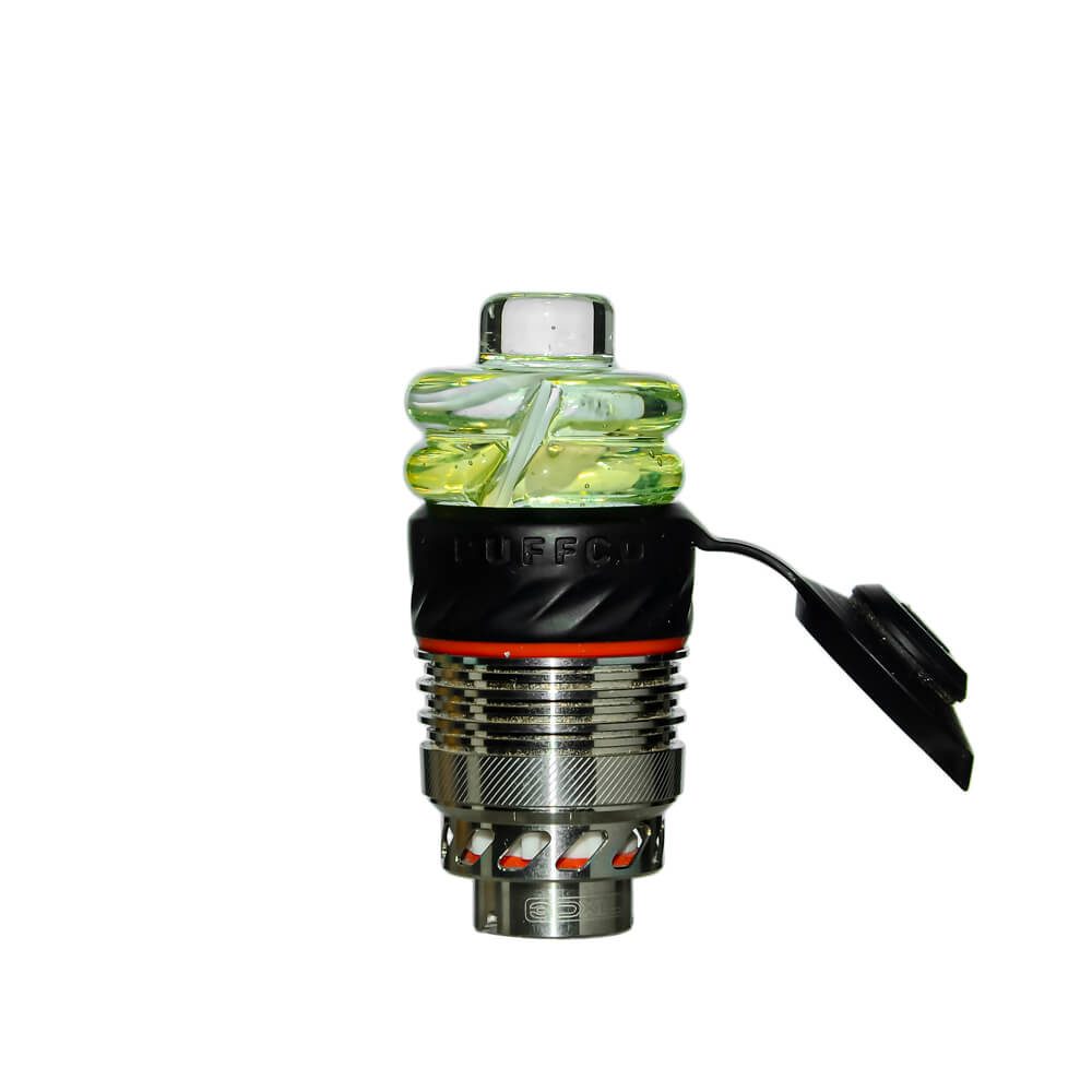 Calibear Premium Spinner Carb Cap (Lime Candy) installed on a Puffco atomizer, front view highlighting the translucent yellow double-ring glass body and compact spinner design