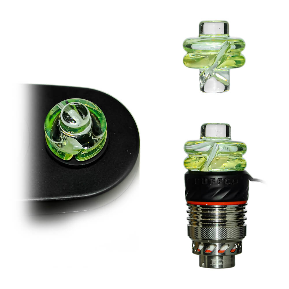 Calibear Premium Spinner Carb Cap (Lime Candy) for Dr. Dabber Switch 2, Puffco Peak, Focus V Carta and 20mm & 25mm OD Quartz Bangers, showing top view, standalone glass cap and installed fit