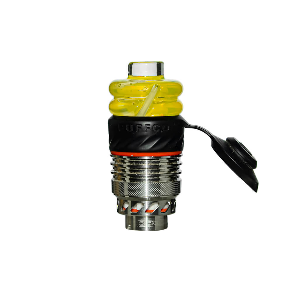 Calibear Premium Spinner Carb Cap (Lemon Candy) installed on a Puffco atomizer, front view highlighting its compact double-ring glass construction and twisted airflow channel