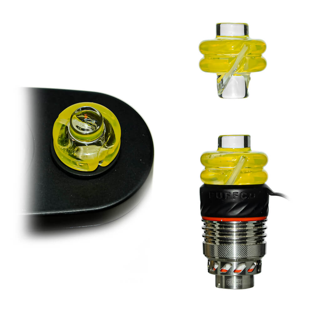 Calibear Premium Spinner Carb Cap (Lemon Candy) for Dr. Dabber Switch 2, Puffco Peak and Focus V Carta, showing standalone front view, installed atomizer fit and top-down glass details