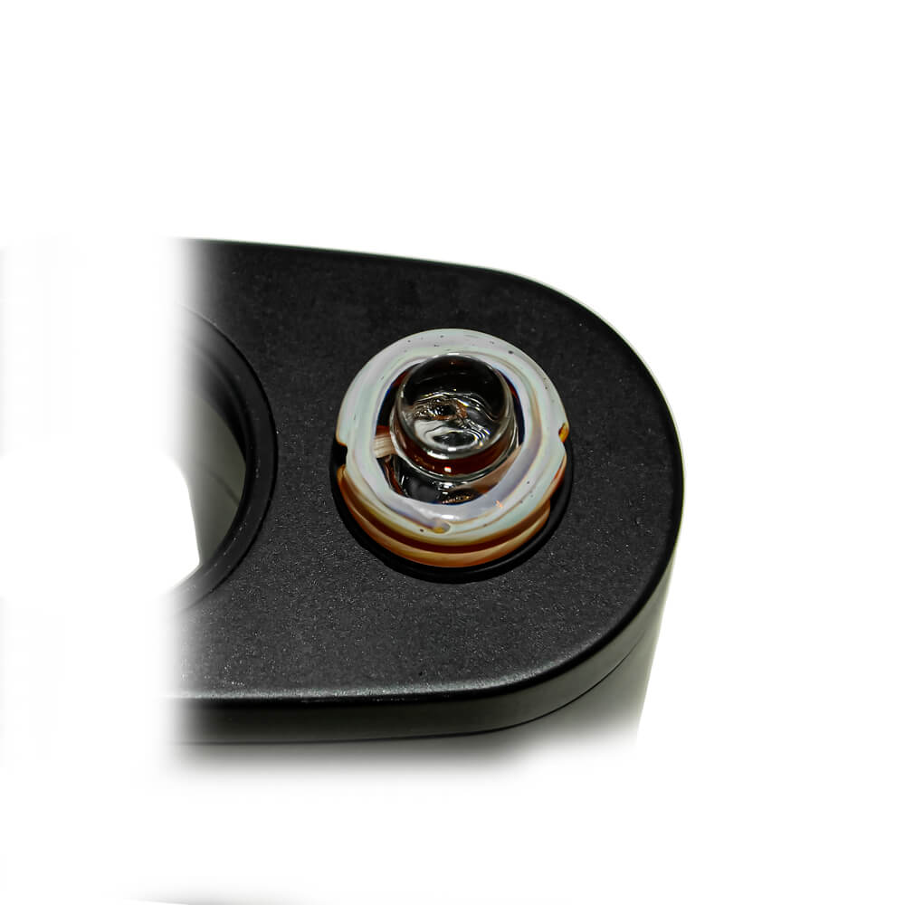 Calibear Premium Spinner Carb Cap (Toffee Brown), top-down close-up showing the glass opening and spiral airflow channels while installed on a compatible device