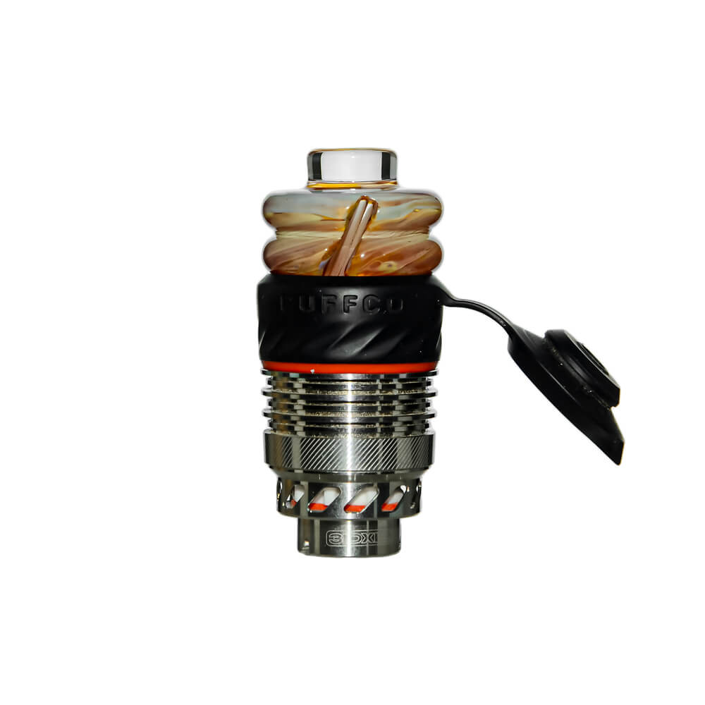 Calibear Premium Spinner Carb Cap (Toffee Brown) installed on a Puffco atomizer, front view highlighting the translucent yellow double-ring glass body and compact spinner design