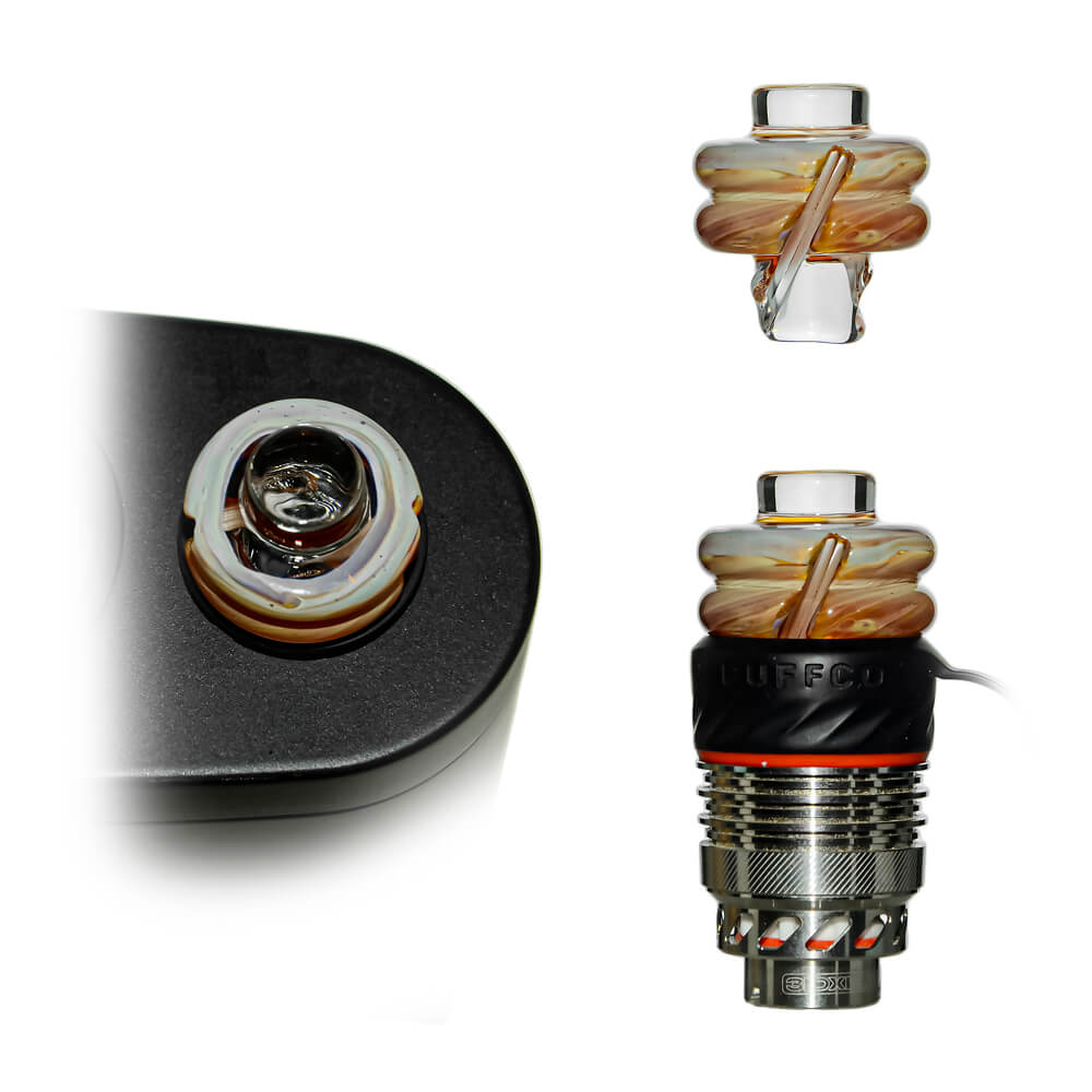 Calibear Premium Spinner Carb Cap (Toffee Brown) for Dr. Dabber Switch 2, Puffco Peak, Focus V Carta and 20mm & 25mm OD Quartz Bangers, showing top view, standalone glass cap and installed fit