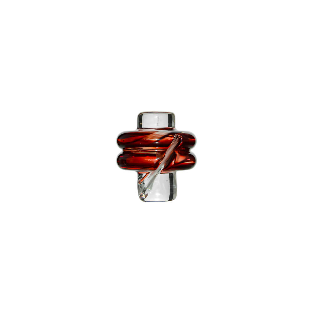 Calibear Premium Spinner Carb Cap (Self-Striking Red) for Dr. Dabber Switch 2, Puffco Peak, Focus V Carta and 20mm & 25mm OD Quartz Bangers, featuring double-ring glass design and spiral airflow detail