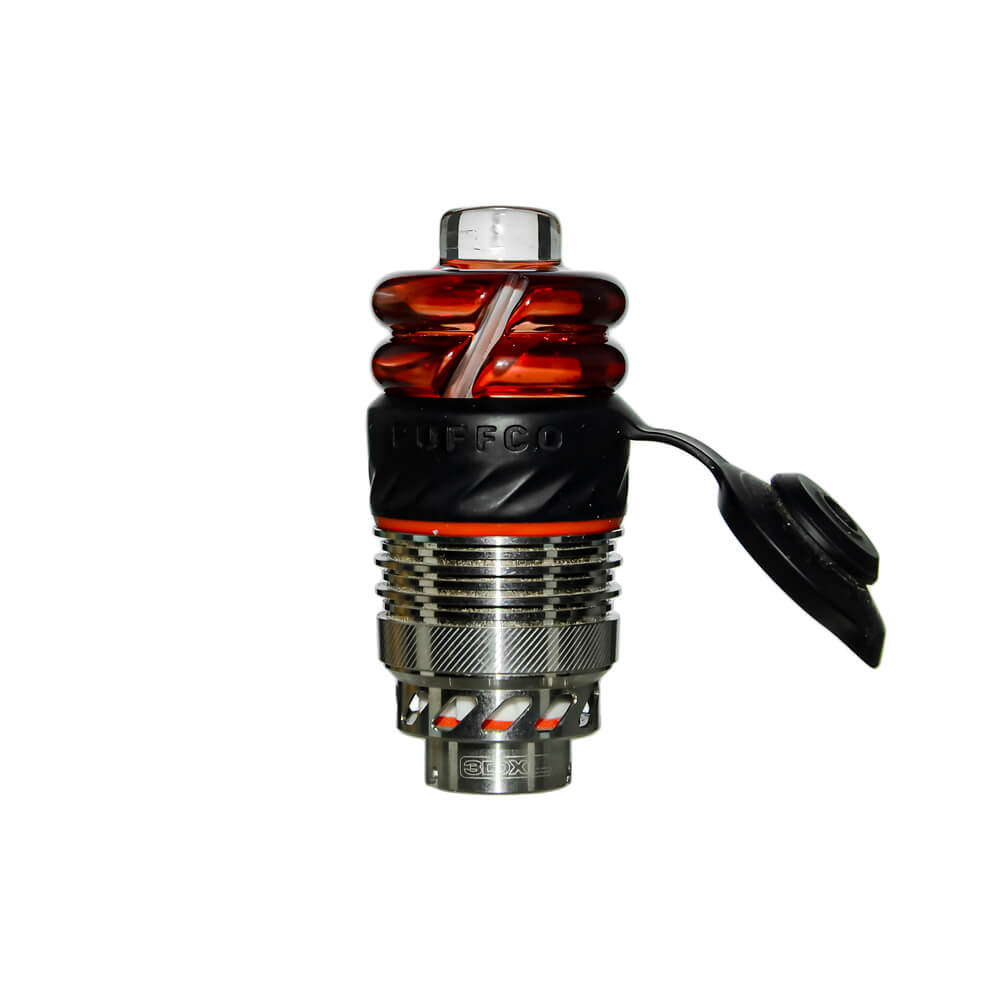 Calibear Premium Spinner Carb Cap (Self-Striking Red) installed on a Puffco atomizer, front view highlighting the translucent yellow double-ring glass body and compact spinner design