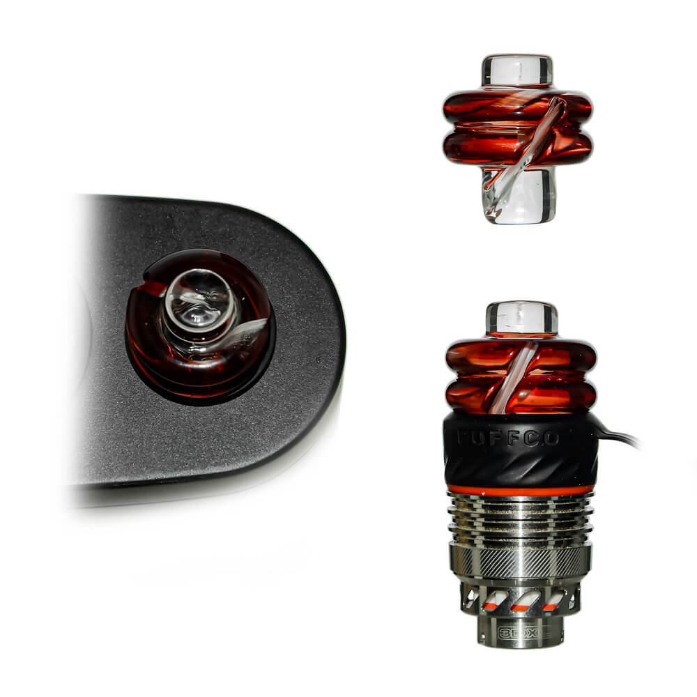 Calibear Premium Spinner Carb Cap (Self-Striking Red) for Dr. Dabber Switch 2, Puffco Peak, Focus V Carta and 20mm & 25mm OD Quartz Bangers, showing top view, standalone glass cap and installed fit