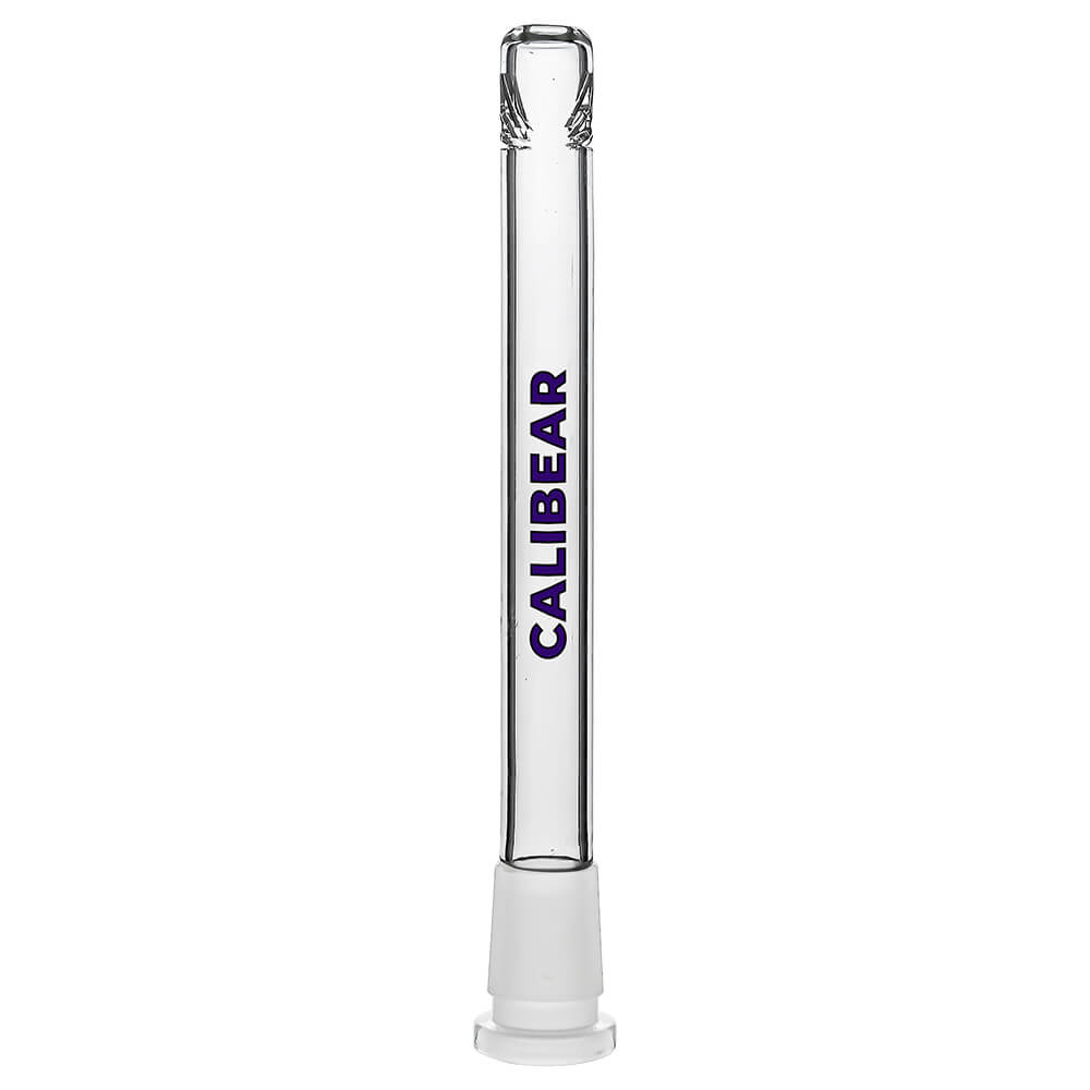Four clear glass Calibear Premium Tri-Seed Slotted Ice Pinch Downstems in varying lengths, showcasing the unique triangular ice pinch restriction at the tip and clear embossed side logos.
