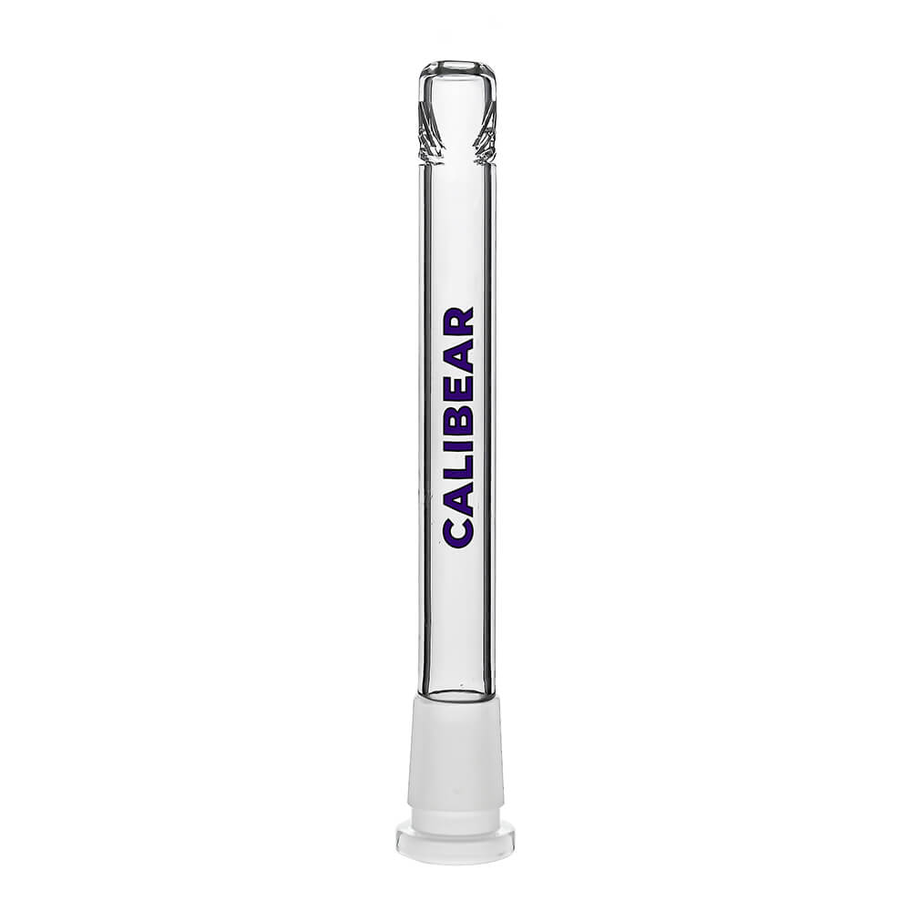 Four clear glass Calibear Premium Tri-Seed Slotted Ice Pinch Downstems in varying lengths, showcasing the unique triangular ice pinch restriction at the tip and clear embossed side logos.