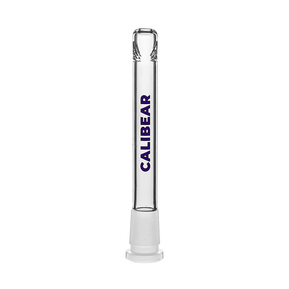 Four clear glass Calibear Premium Tri-Seed Slotted Ice Pinch Downstems in varying lengths, showcasing the unique triangular ice pinch restriction at the tip and clear embossed side logos.