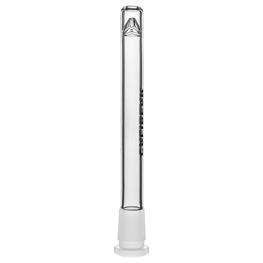 Four clear glass Calibear Premium Tri-Seed Slotted Ice Pinch Downstems in varying lengths, showcasing the unique triangular ice pinch restriction at the tip and clear embossed side logos.