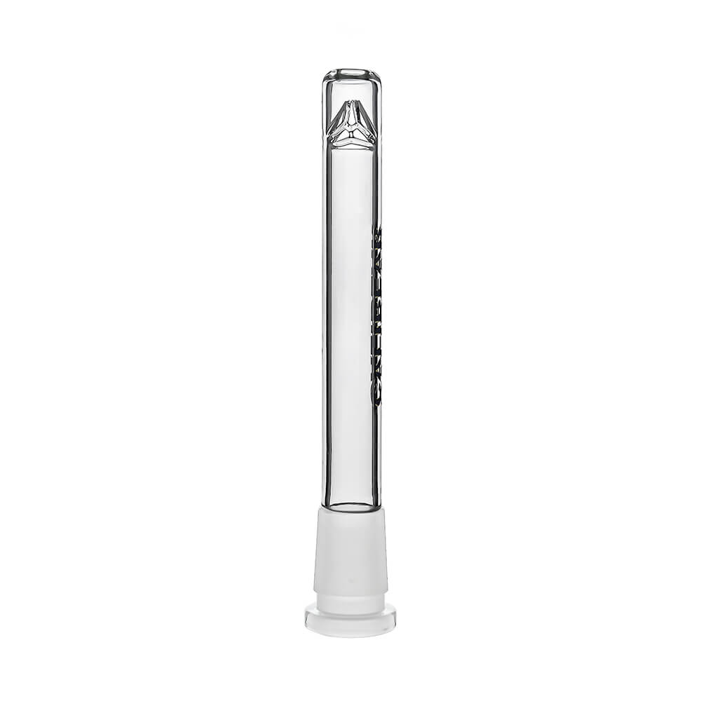 Four clear glass Calibear Premium Tri-Seed Slotted Ice Pinch Downstems in varying lengths, showcasing the unique triangular ice pinch restriction at the tip and clear embossed side logos.