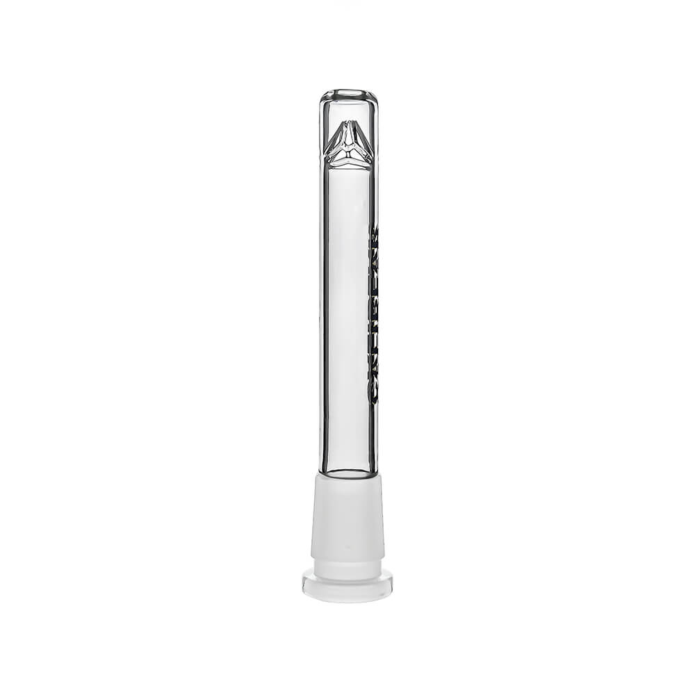 Four clear glass Calibear Premium Tri-Seed Slotted Ice Pinch Downstems in varying lengths, showcasing the unique triangular ice pinch restriction at the tip and clear embossed side logos.