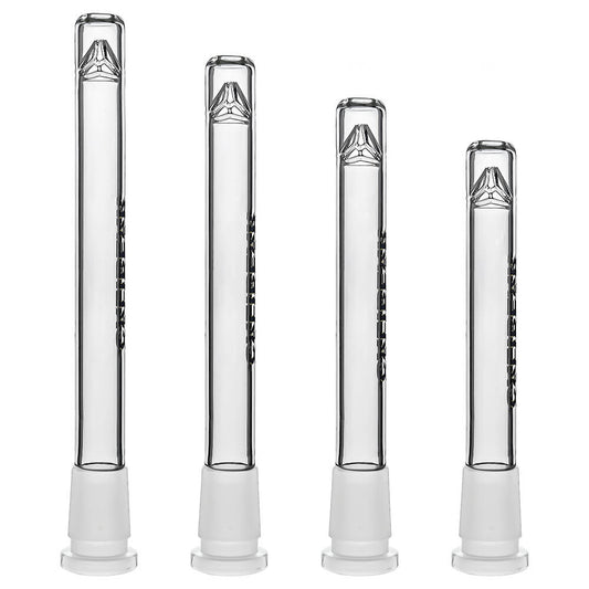 Four clear glass Calibear Premium Tri-Seed Slotted Ice Pinch Downstems in varying lengths, showcasing the unique triangular ice pinch restriction at the tip and clear embossed side logos.