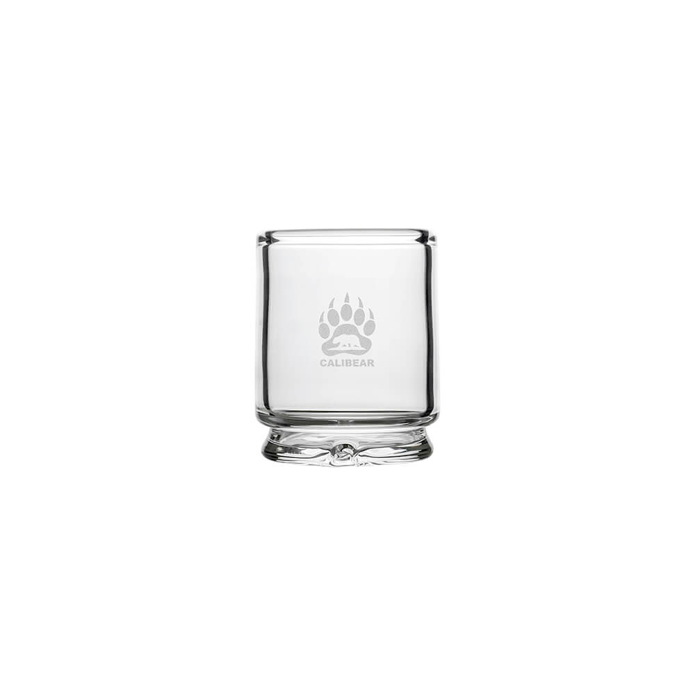 Front view of Calibear Puffco Proxy Core To Peak Glass Adaptor (Clear) with cylindrical chamber, reinforced glass base and Calibear logo
