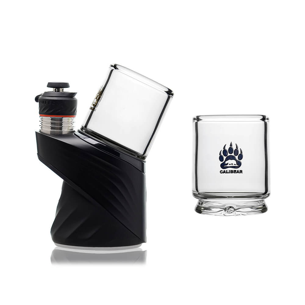 Calibear Puffco Proxy Core To Peak Glass Adaptor (Clear) shown installed on a Puffco Peak base alongside the standalone cylindrical glass adaptor