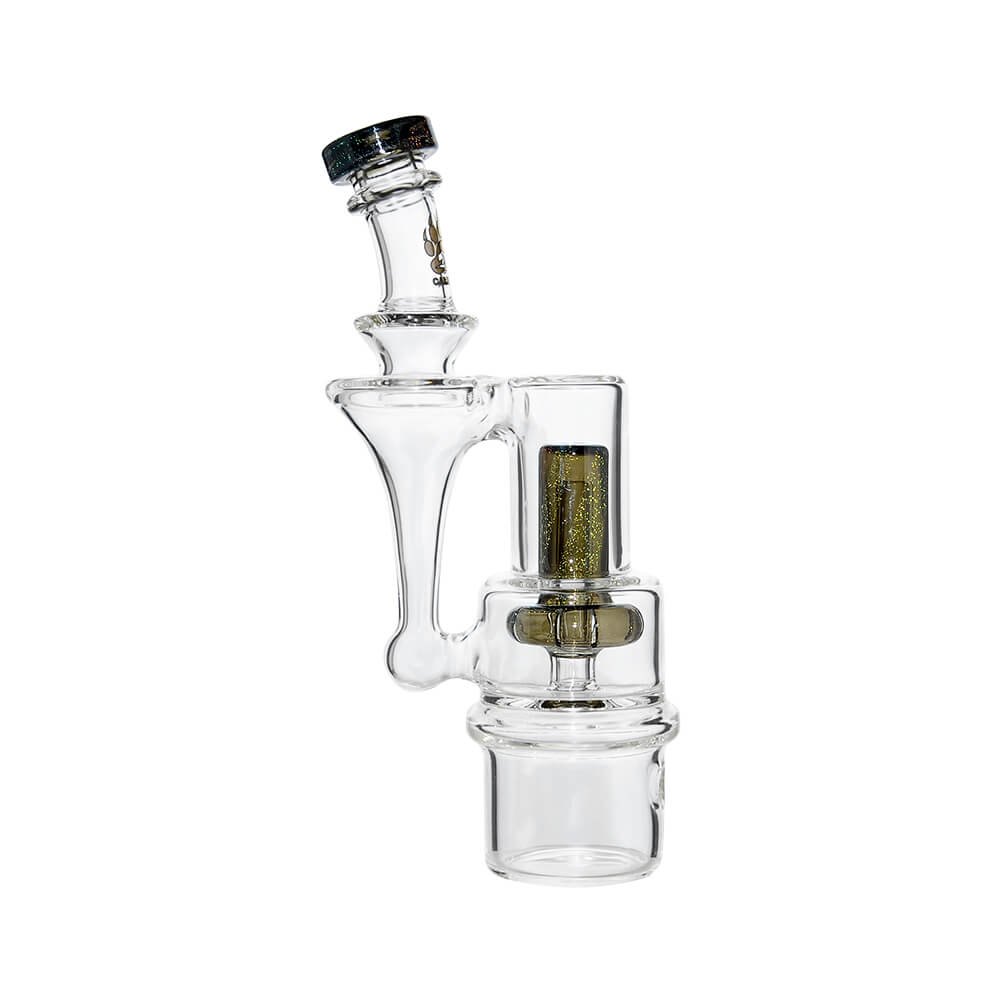 Calibear RBR Recycler Glass Attachment mounted on a Dr. Dabber Switch 2 device next to a standalone clear glass recycler attachment.