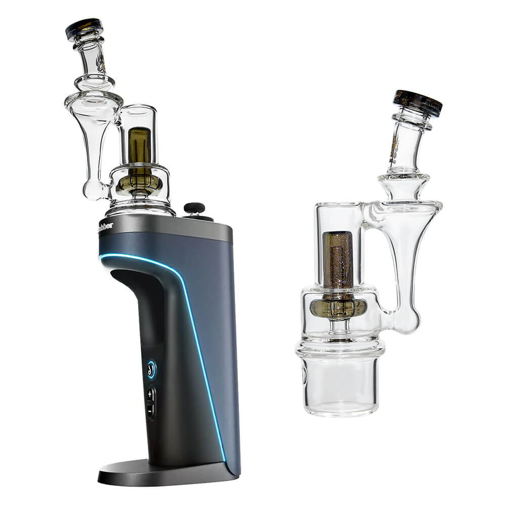 Calibear RBR Recycler Glass Attachment mounted on a Dr. Dabber Switch 2 device next to a standalone clear glass recycler attachment.